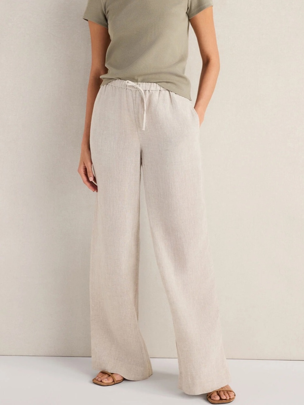 Talbots 100% Linen Wide Leg Pull On Pants Women’s Size 8 Petite Tan Flowy